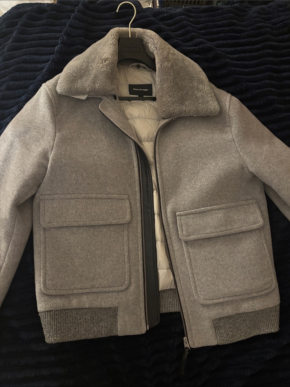Mackage Men's Gray Wool Bomber Jacket with Shearling Collar